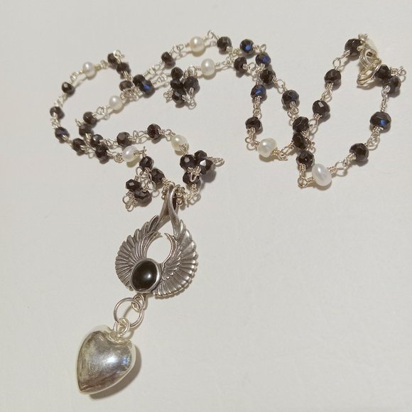 Vintage Sterling Silver Onyx Bezel Set Angel Wings Rosary Bead - Picture 8 of 14